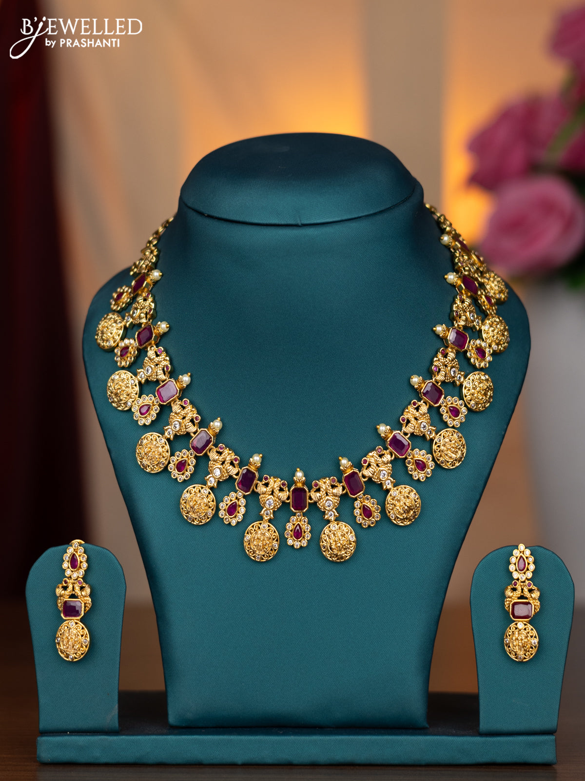 Antique necklace ramdarbar design with pink kemp & cz stones and pearls