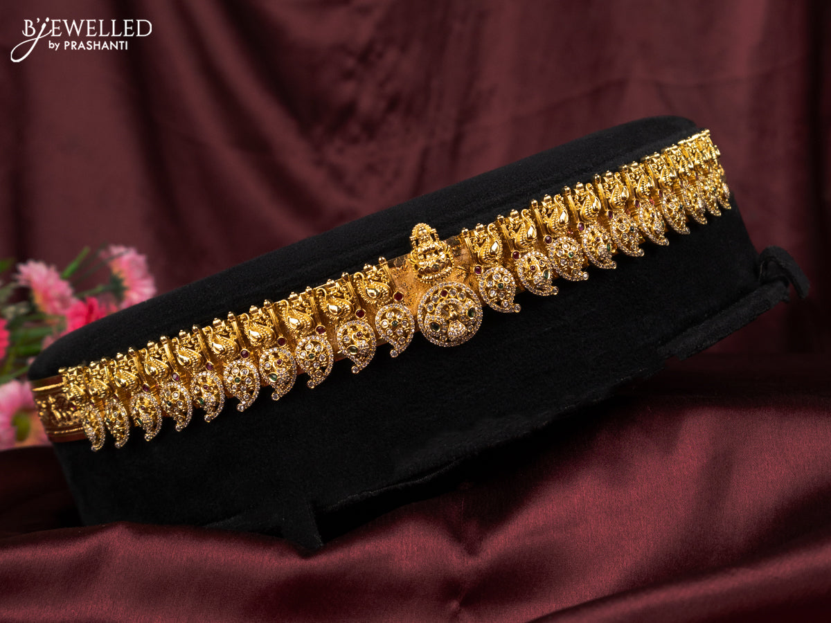 Antique self embosse hip belt lakshmi & manga pattern with kemp and cz stones