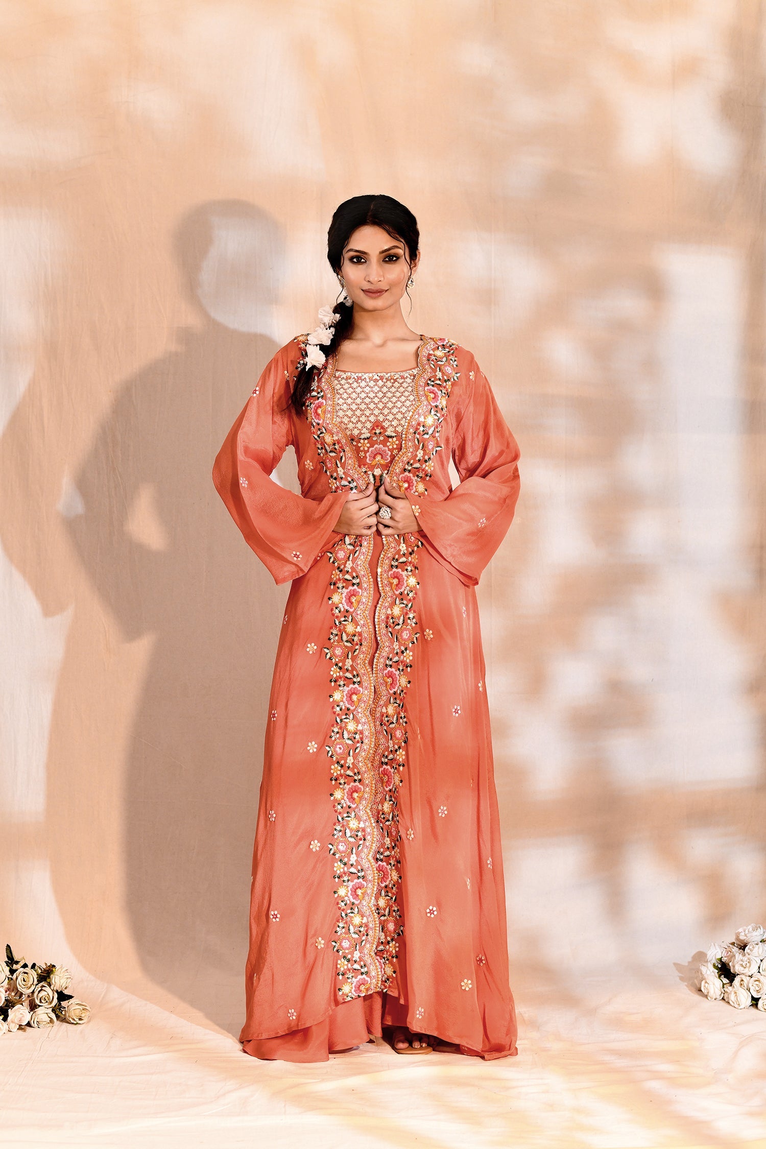 Bright Orange Tissue Silk Embroidered Indo-Western Set