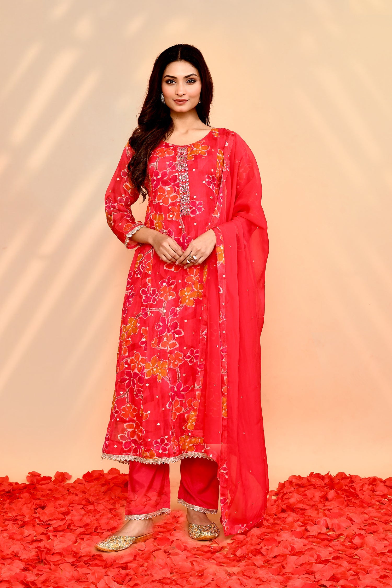 Bright Red Georgette Floral Anarkali Set