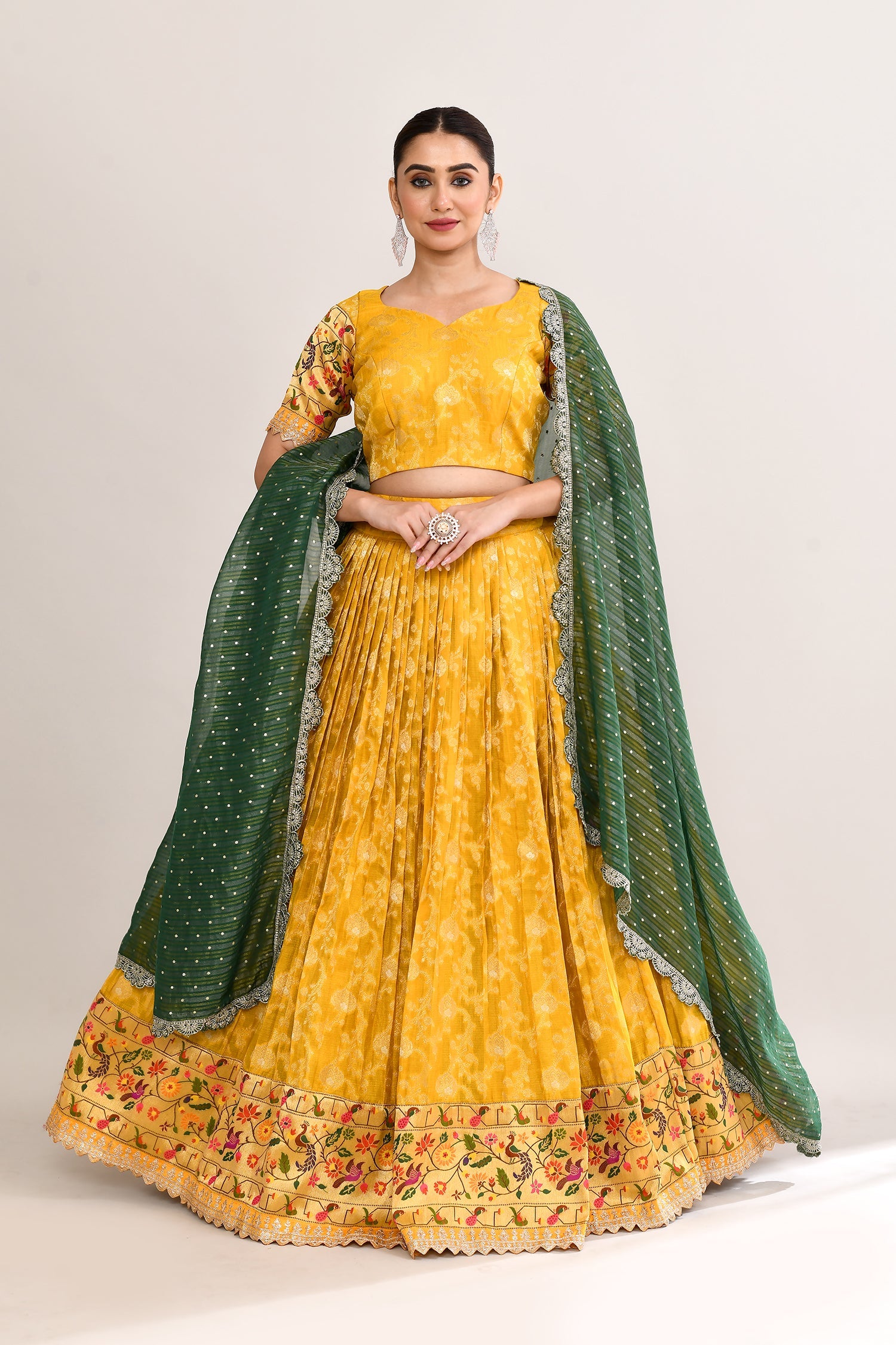 Bright Yellow Raw Silk Floral Printed Lehenga Set