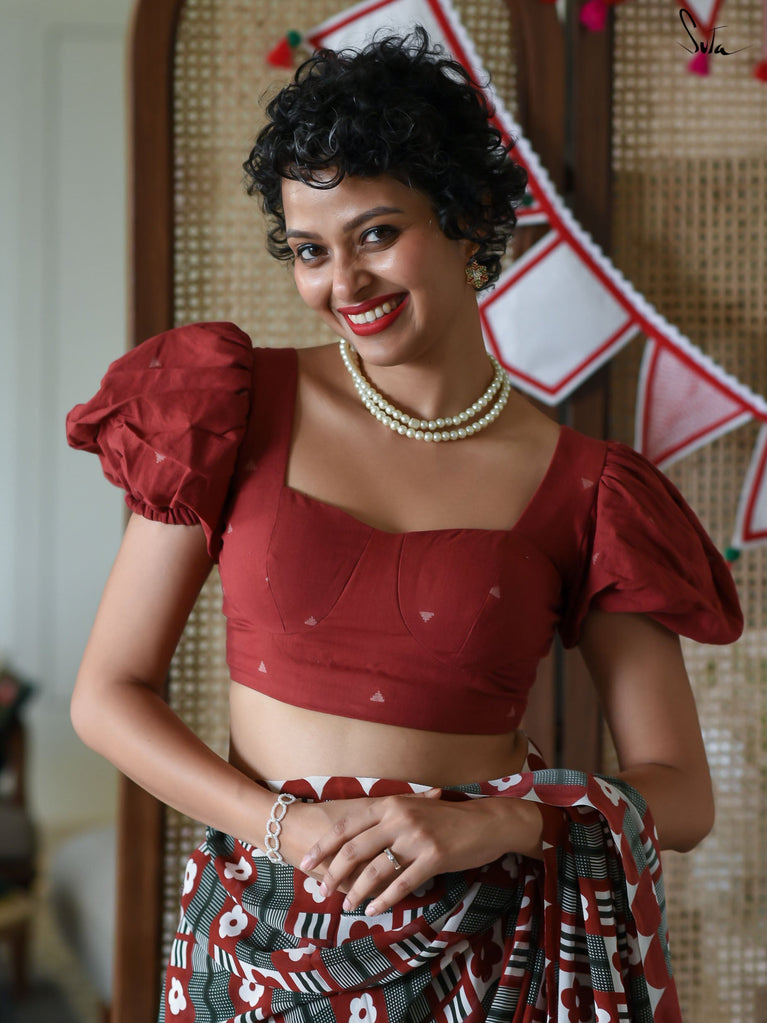 SAND BROWN RAW SILK BRALETTE PAIRED WITH COTTON SILK LEHENGA AND ORGAN