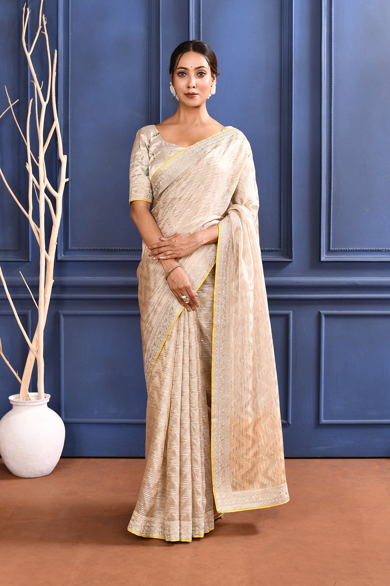 Pastel Golden Embroidered Tissue Saree