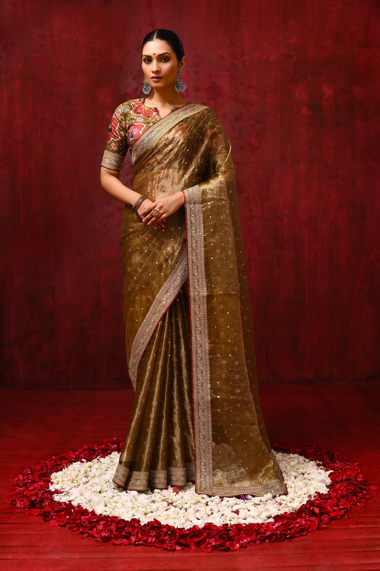 Earthy Gold Tissue Foil Printed Saree