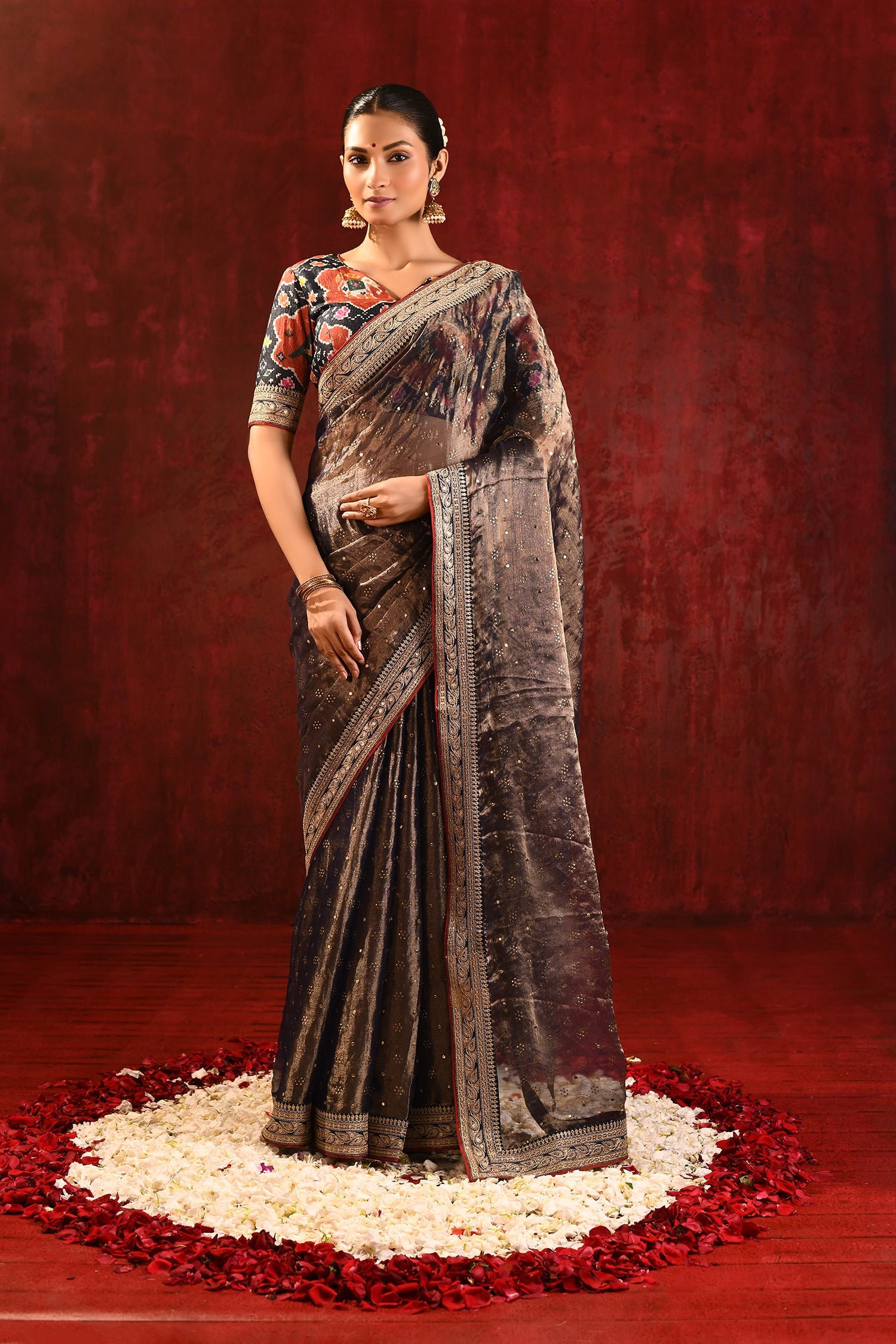 Dark Stone Brown Tissue Foil Printed Saree