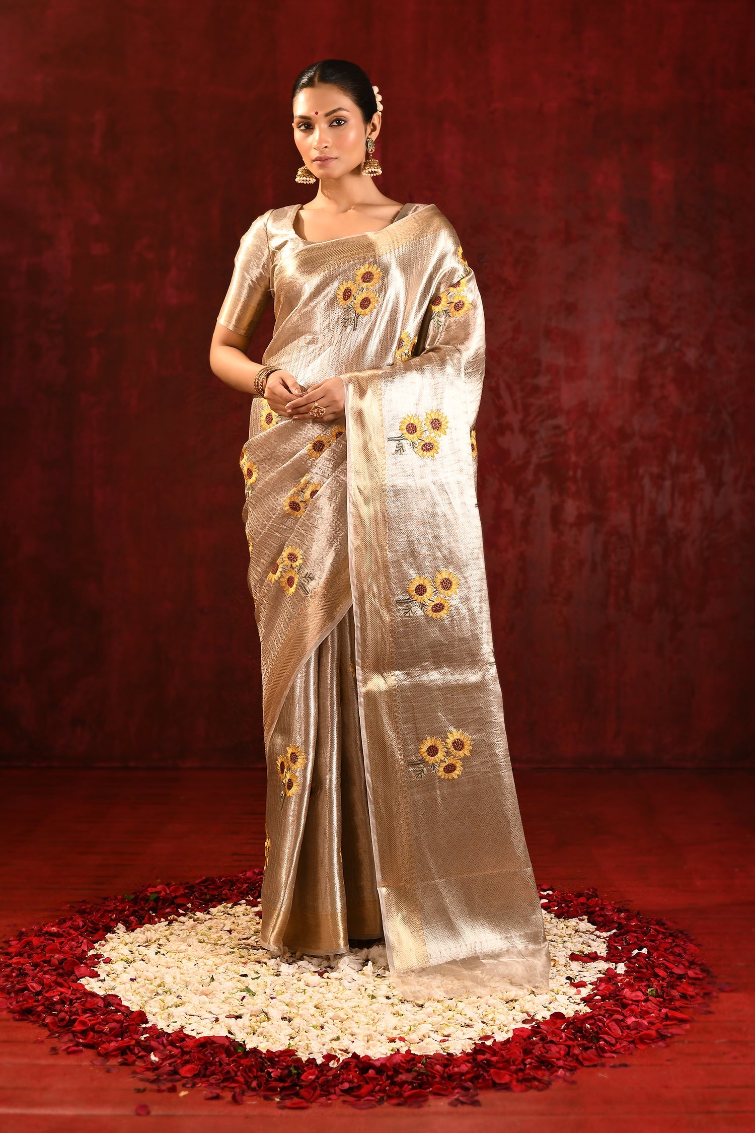 Jewel Gold Floral Embroidered Tissue Saree