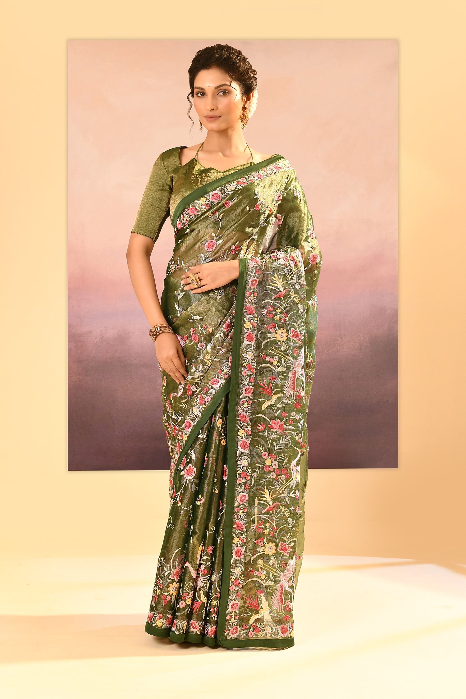 Dark Olive Green Embroidered Tissue Saree
