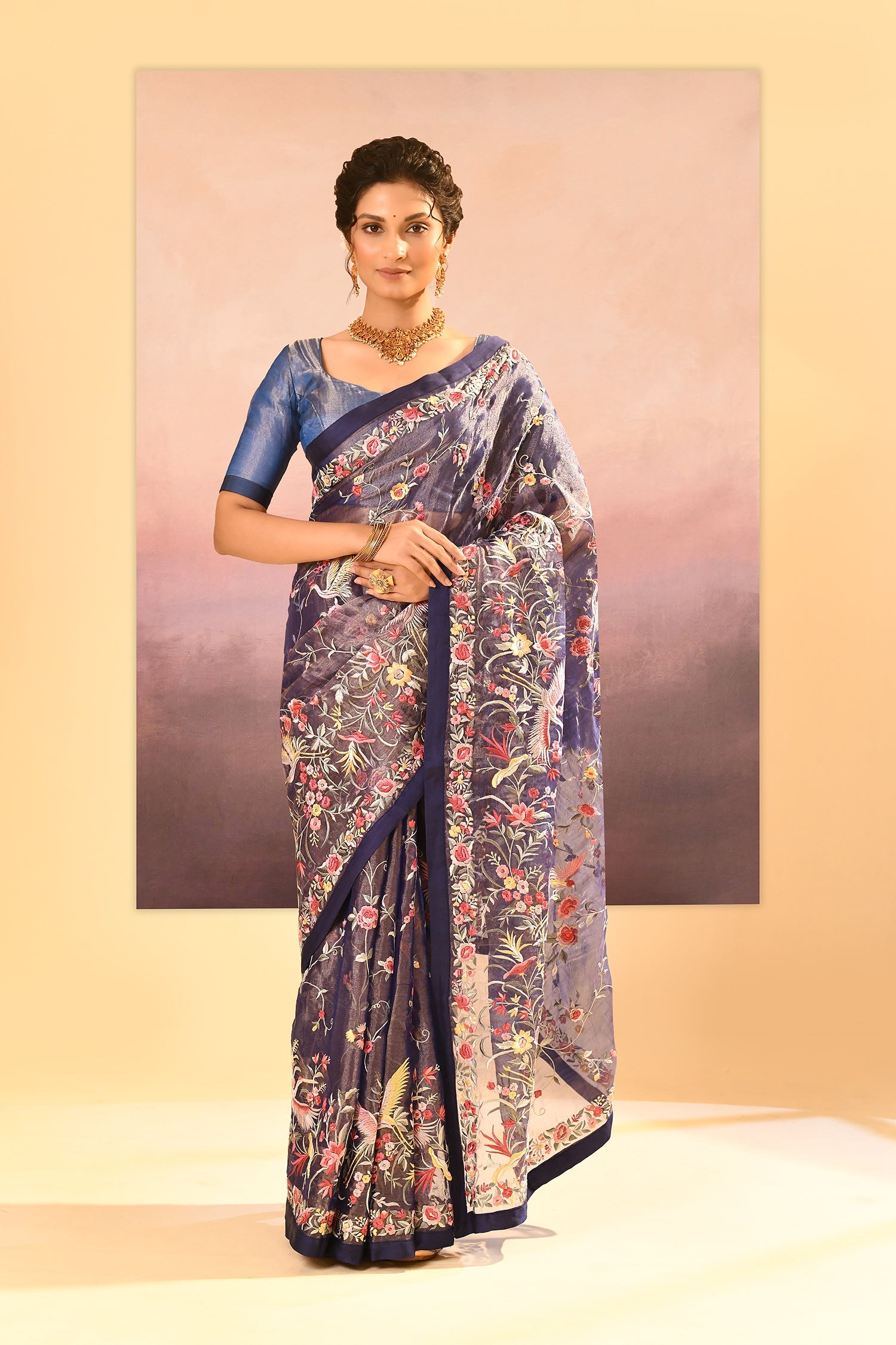 Dark Blue Tissue Embroidered Saree