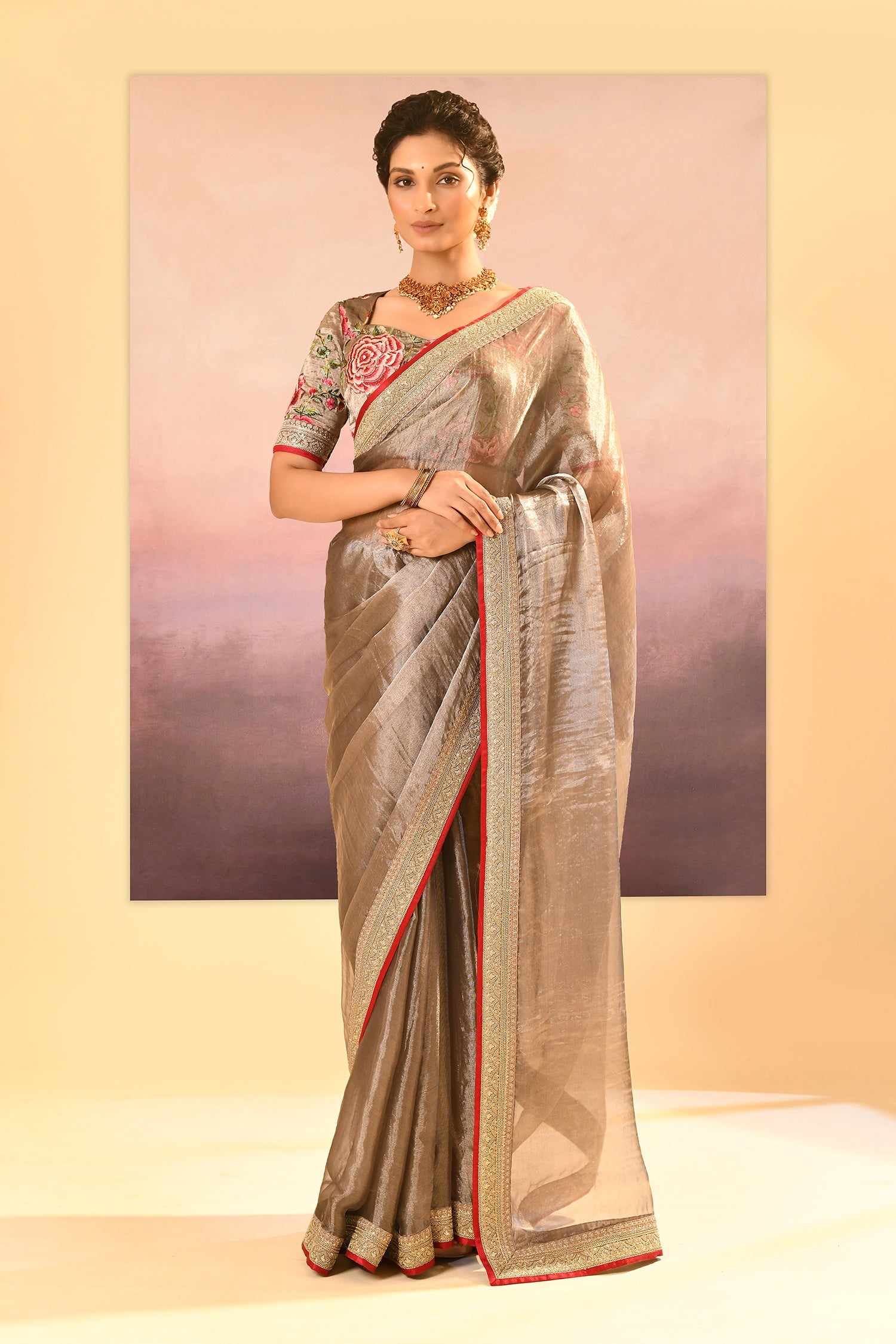 Earthy Dark Green Embroidered Metallic Tissue Saree