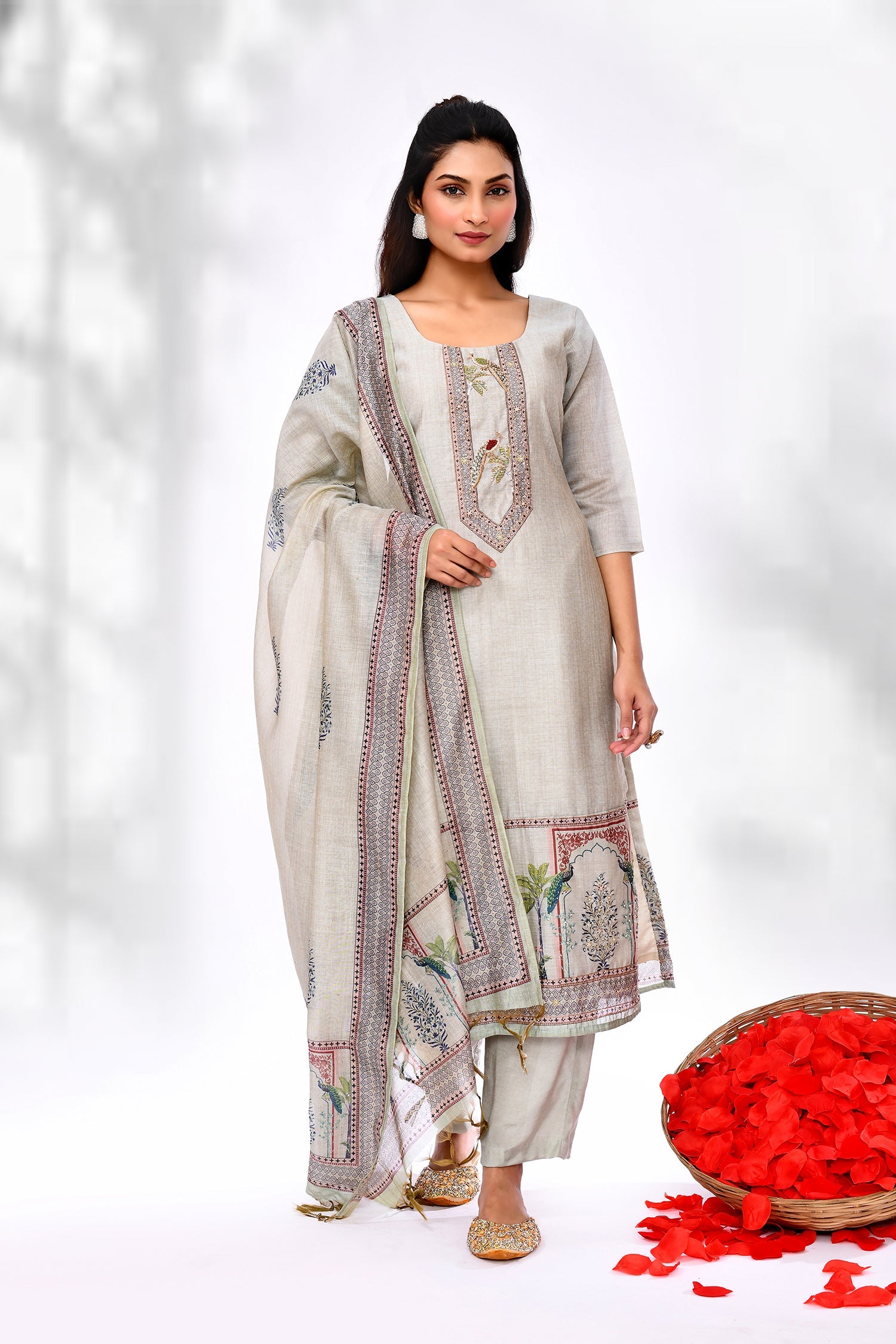 Ash Grey Cotton Mughal Printed Kurta Set