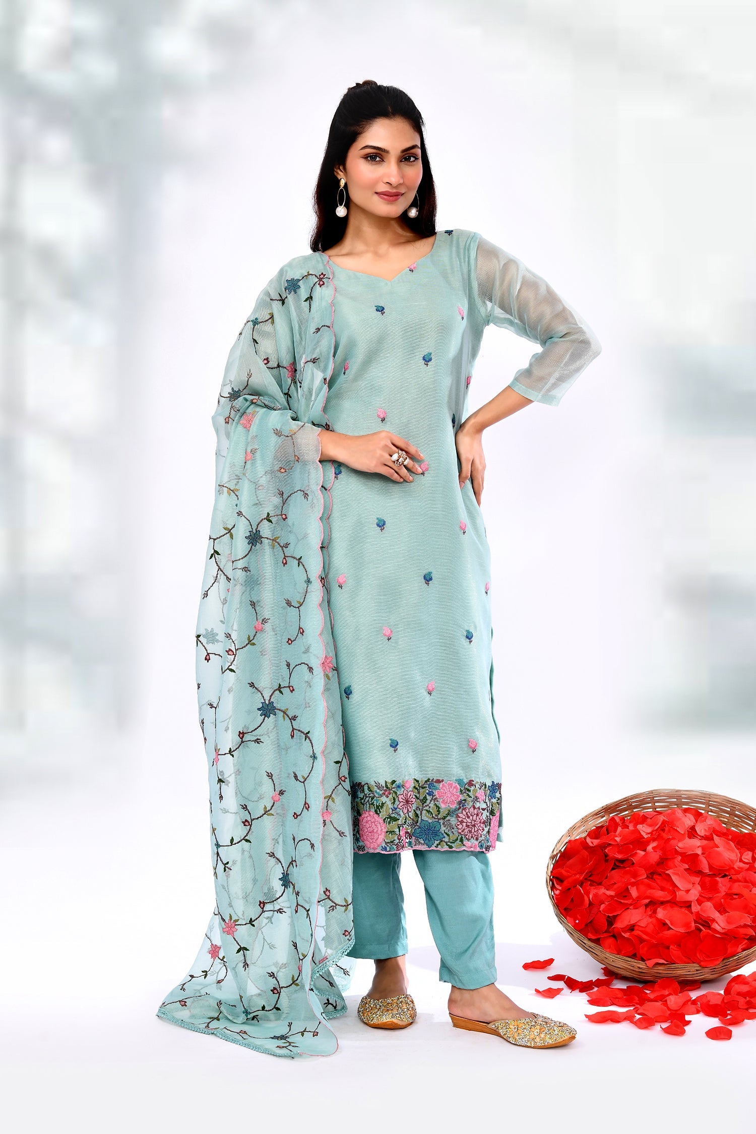 Aqua Blue Cotton Thread Embroidered Kurta Set