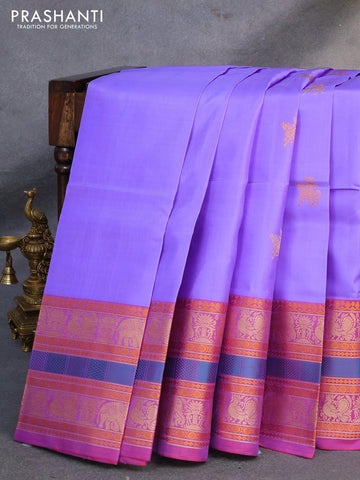 Pure kanjivaram silk saree blue and dual shade of purple with thread woven buttas and thread woven border zero zari