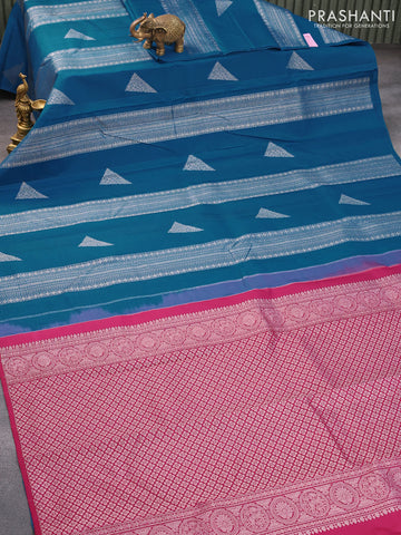 Pure kanjivaram silk saree cs blue and pink with allover silver zari weaves in borderless style