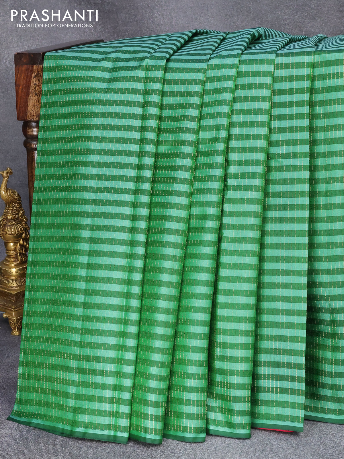 Pure kanjivaram silk saree green and pink with allover stripes & zari weaves in borderless style