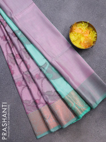 Banarasi semi tussar saree pink shade and teal green with allover ikat weaves and copper zari woven border