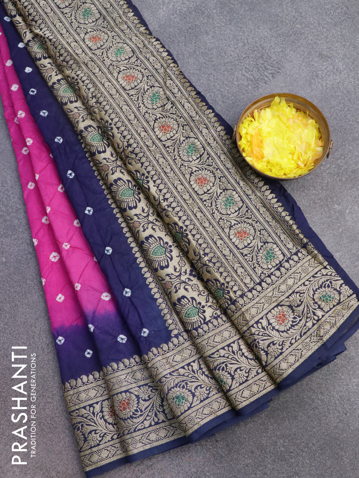 Bandhani saree magenta pink and blue with allover bandhani prints and banarasi style border