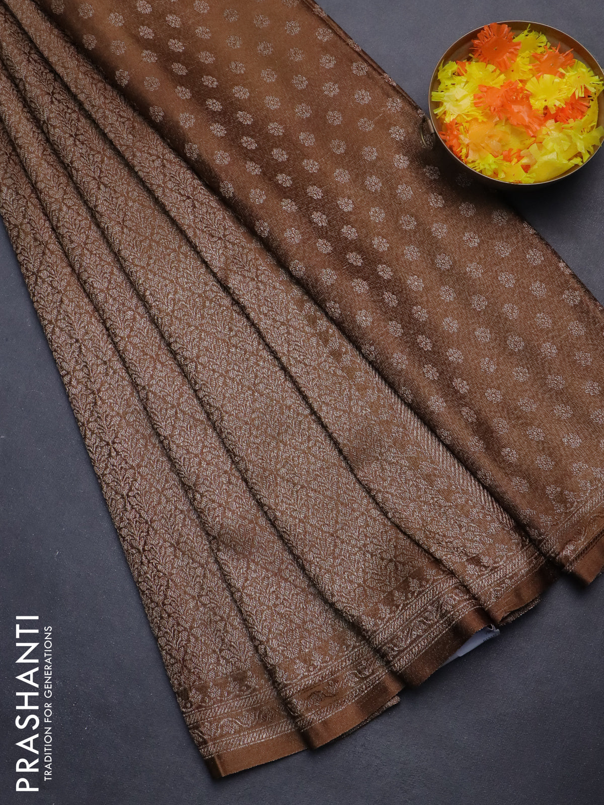Banarasi semi crepe saree briown with allover thread & zari woven brocade weaves and woven border
