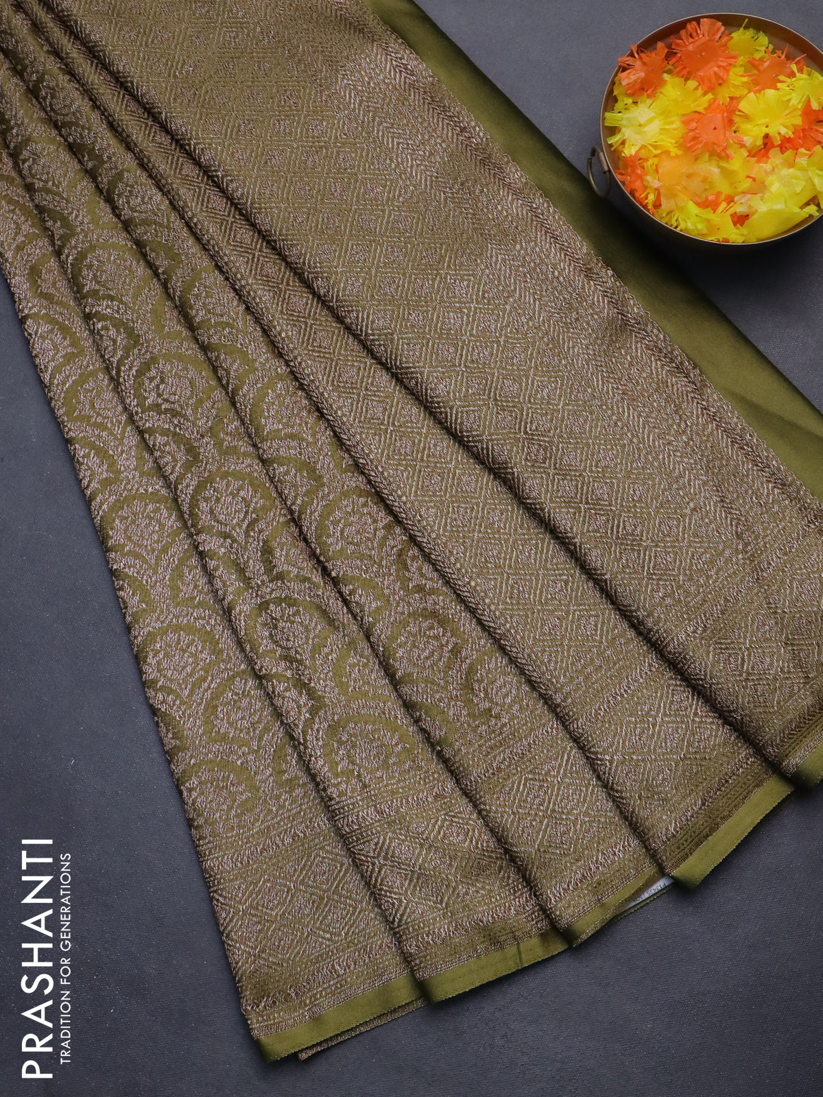 Banarasi semi crepe saree mehendi green with allover thread & zari woven brocade weaves and woven border