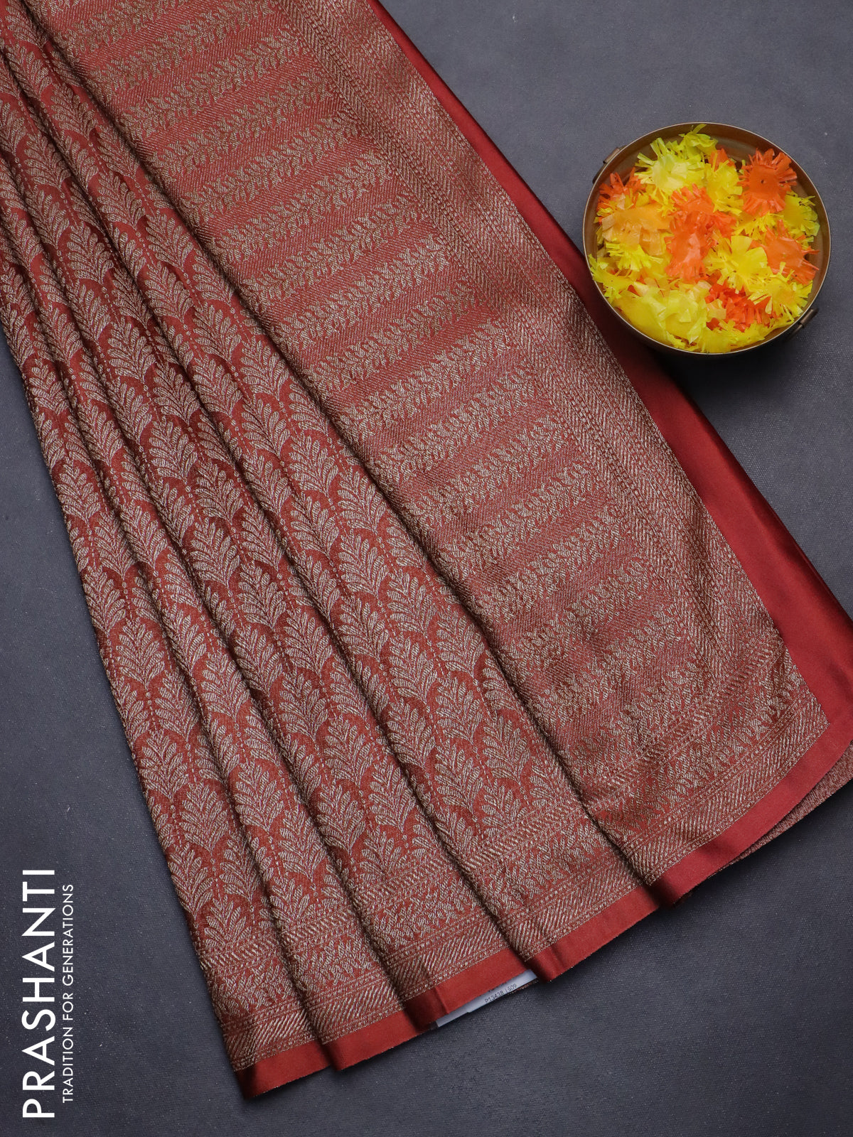 Banarasi semi crepe saree rust shade with allover thread & zari woven brocade weaves and woven border