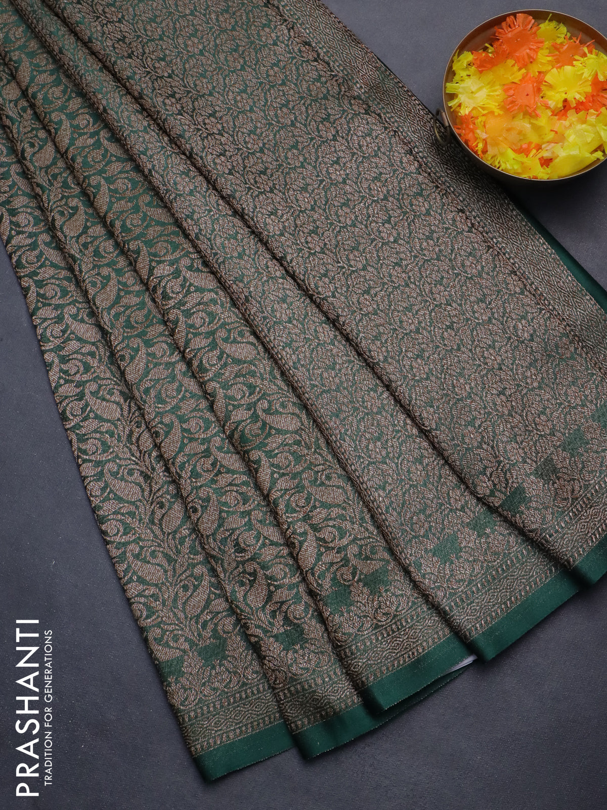Banarasi semi crepe saree dark green with allover thread & zari woven brocade weaves and woven border