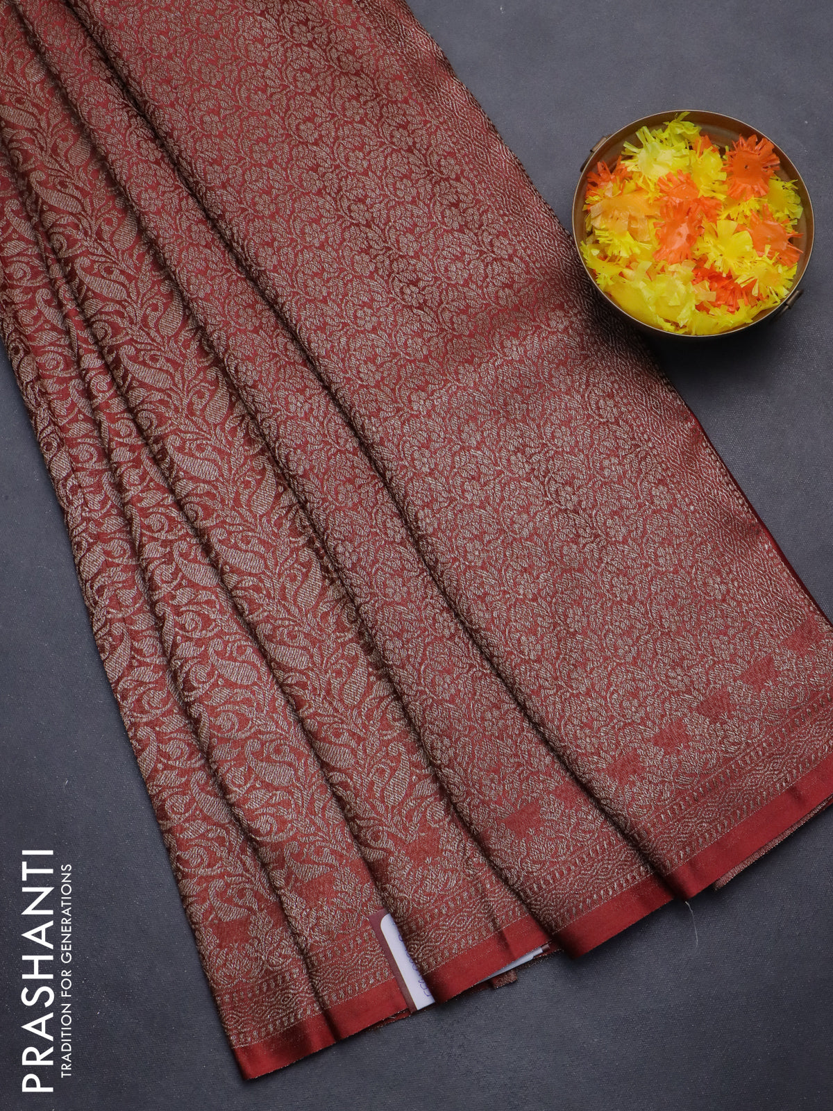 Banarasi semi crepe saree rust shade with allover thread & zari woven brocade weaves and woven border