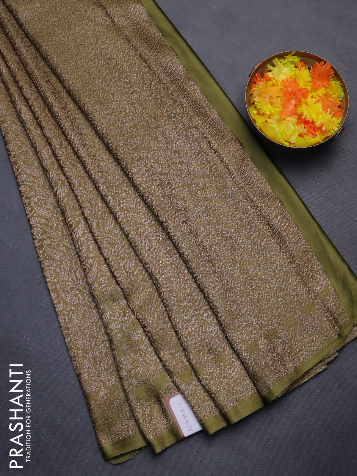 Banarasi semi crepe saree mehendi green with allover thread & zari woven brocade weaves and woven border