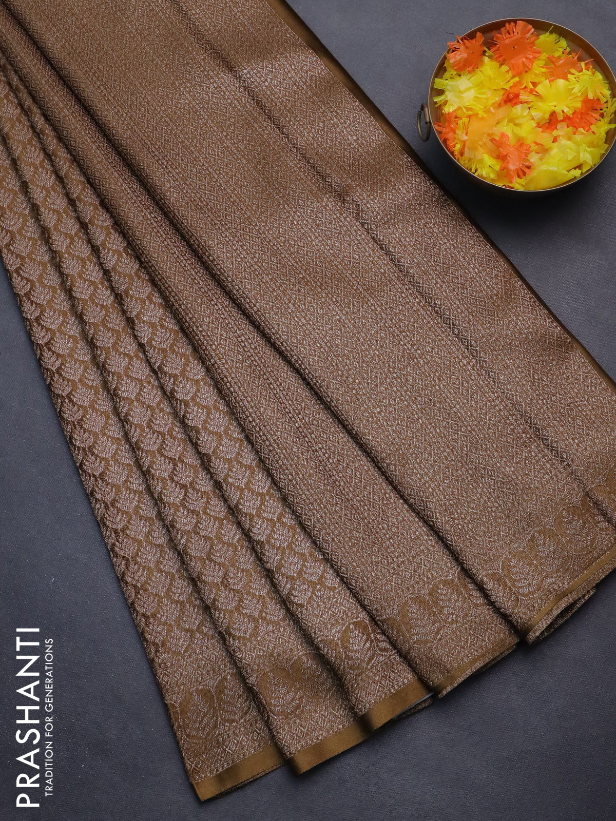 Banarasi semi crepe saree dark mehendi green with allover thread & zari woven brocade weaves and woven border