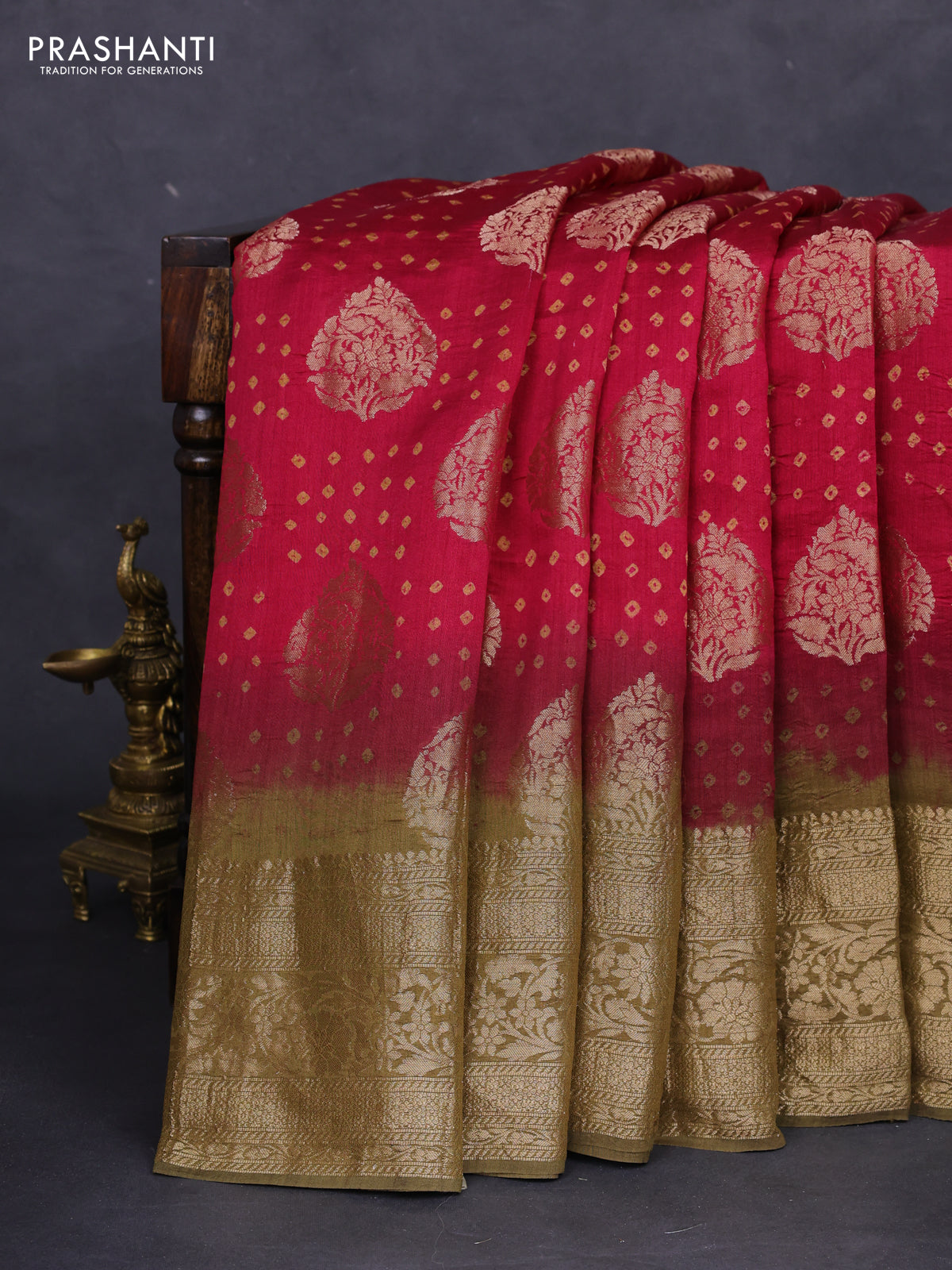 Chiniya silk saree magenta pink and military green with allover zari buttas & bandhini prints and zari woven border