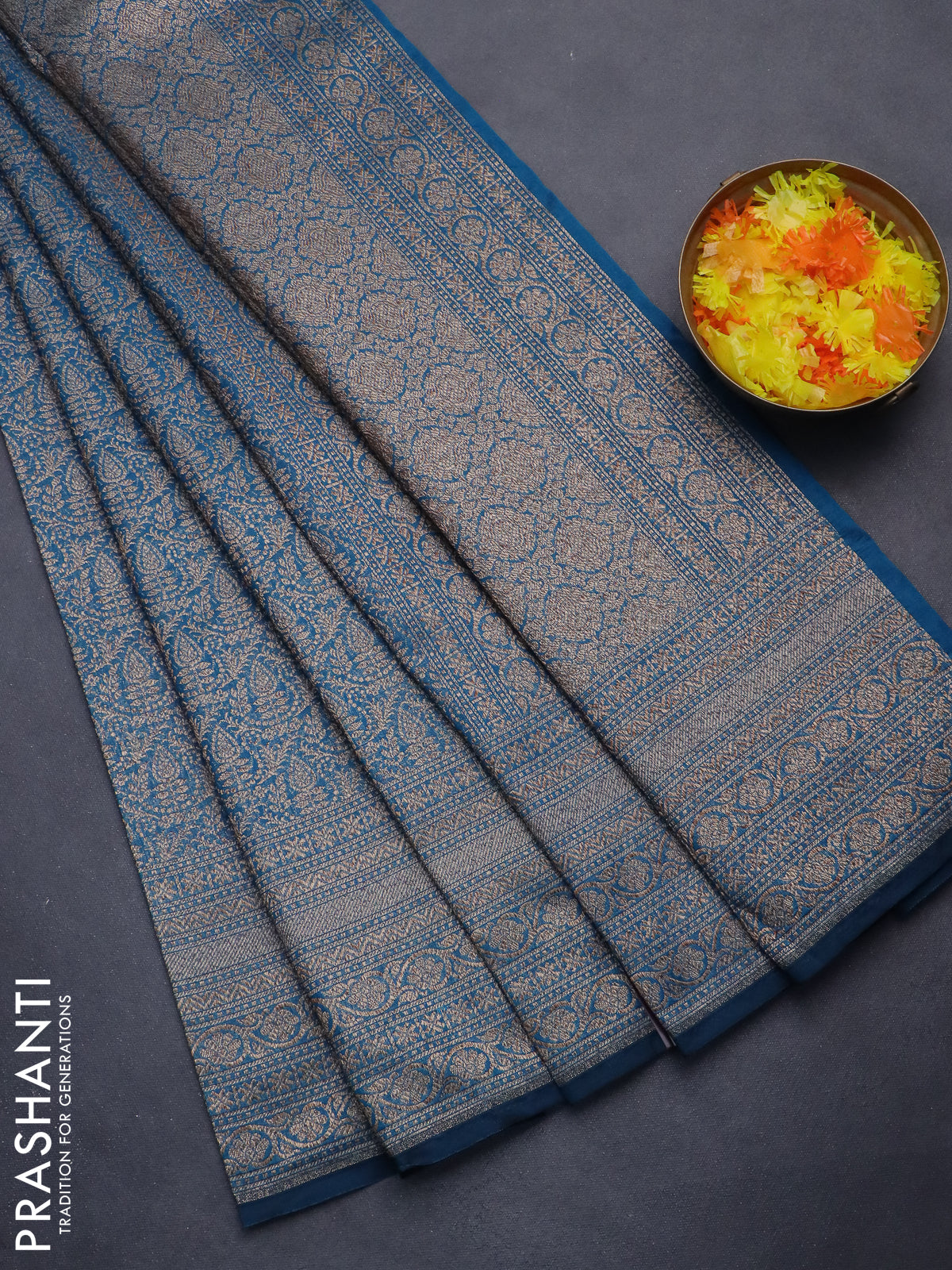 Banarasi semi silk saree cs blue with allover thread & zari woven butta weaves and woven border