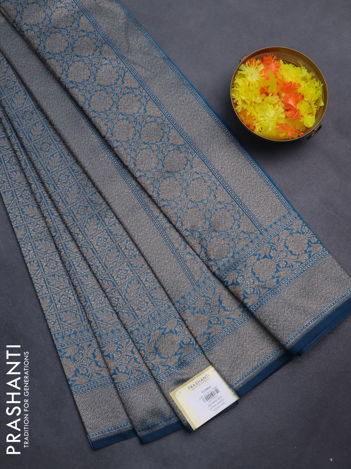 Banarasi semi silk saree peacock blue with allover thread & zari weaves and woven border