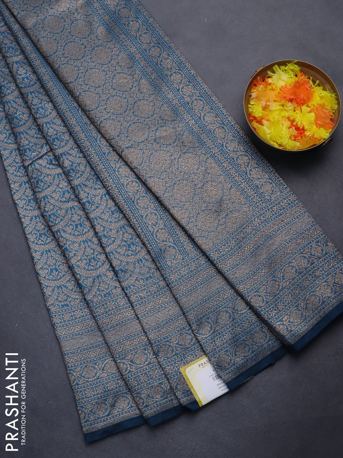 Banarasi semi silk saree peacock blue with allover thread & zari weaves and woven border