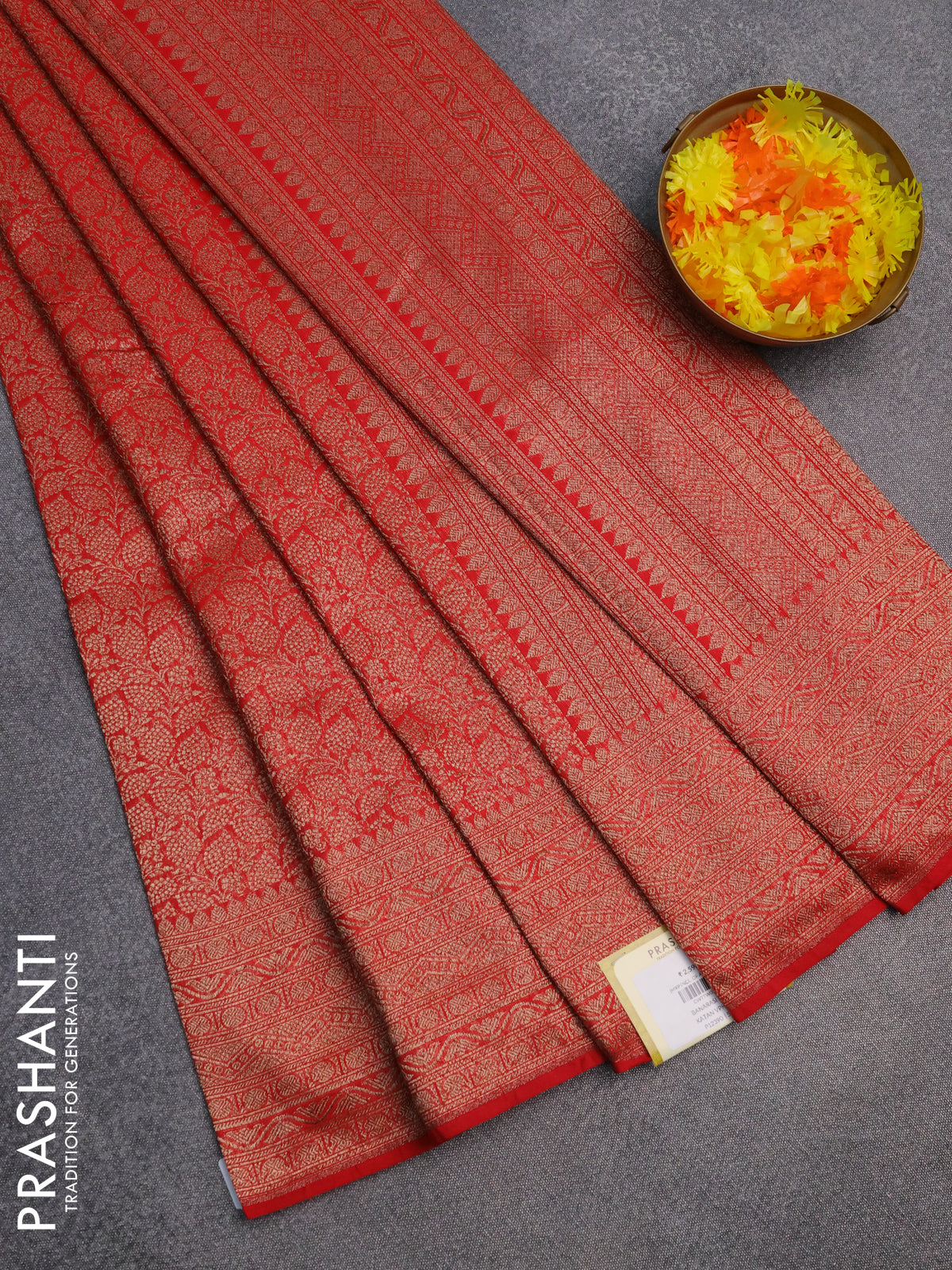 Banarasi semi silk saree red with allover thread & zari weaves and woven border