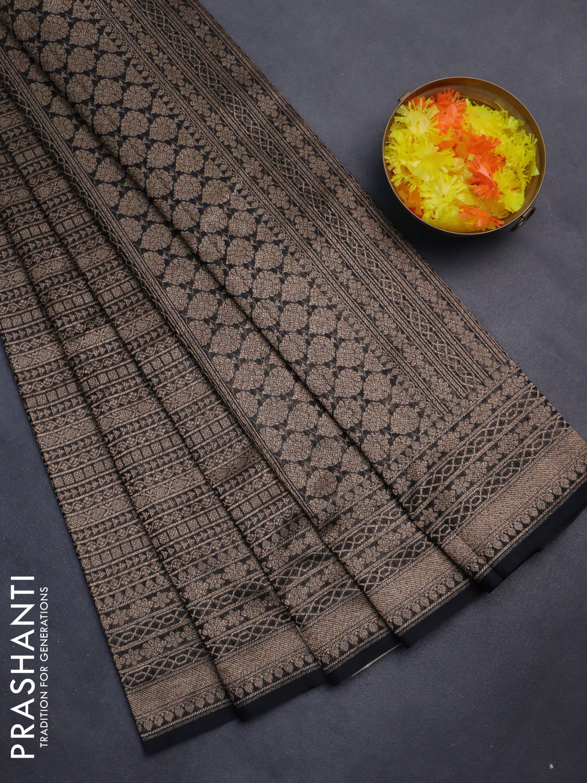 Banarasi semi silk saree black with allover thread & zari weaves and woven border