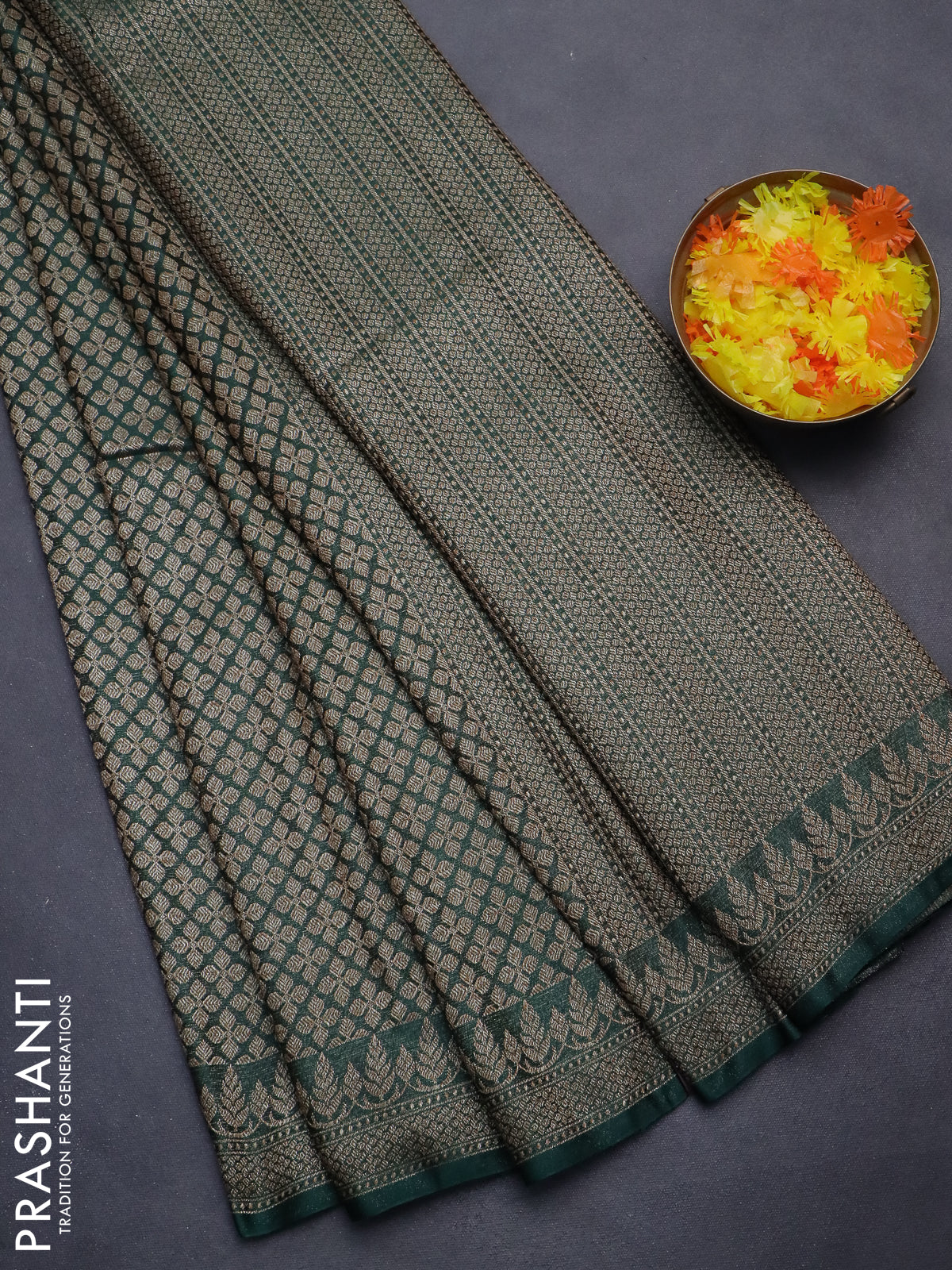 Banarasi semi silk saree green with allover thread & zari weaves and woven border