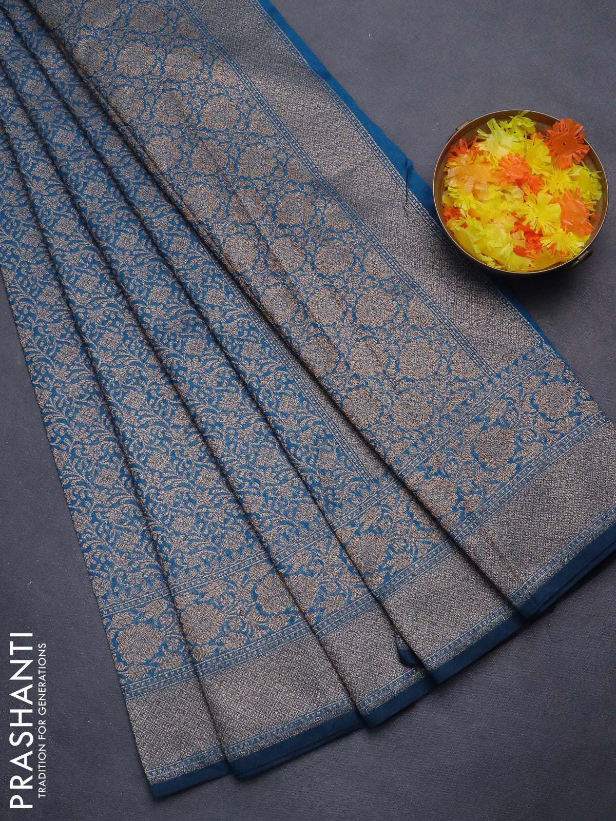 Banarasi semi silk saree cs blue with allover thread & zari weaves and woven border