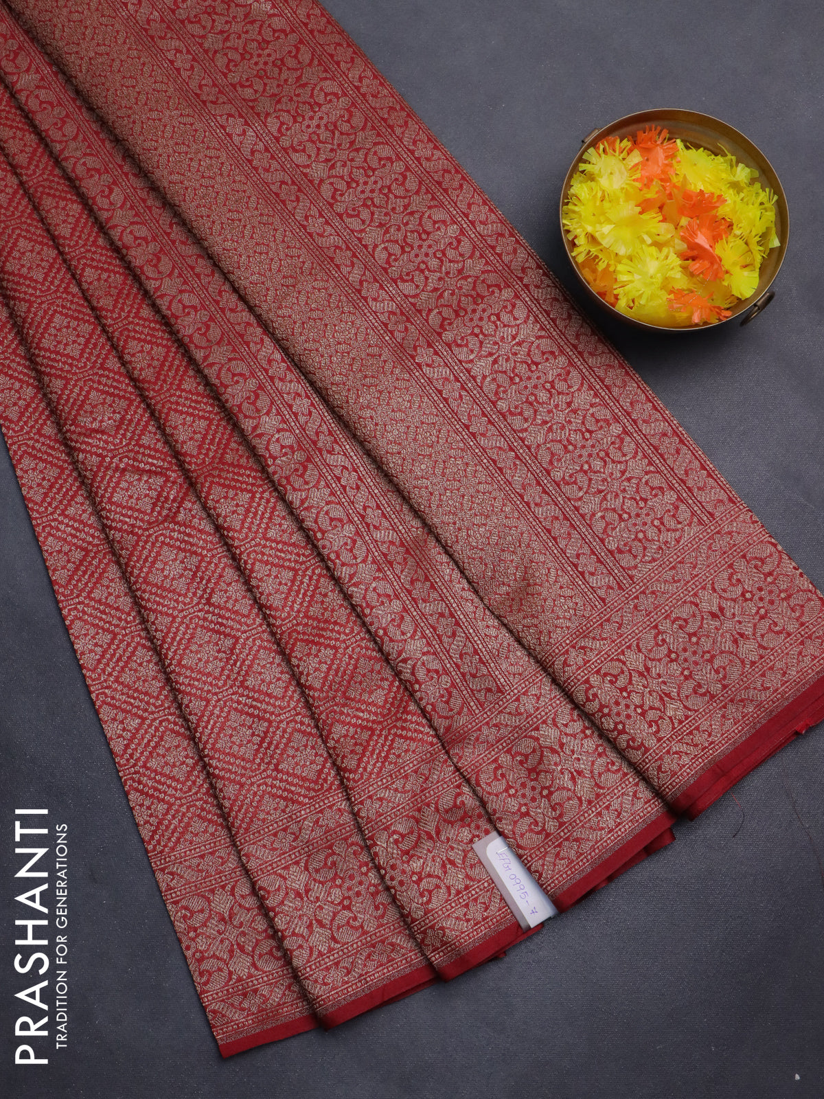 Banarasi semi silk saree kumkum red with allover thread & zari weaves and woven border