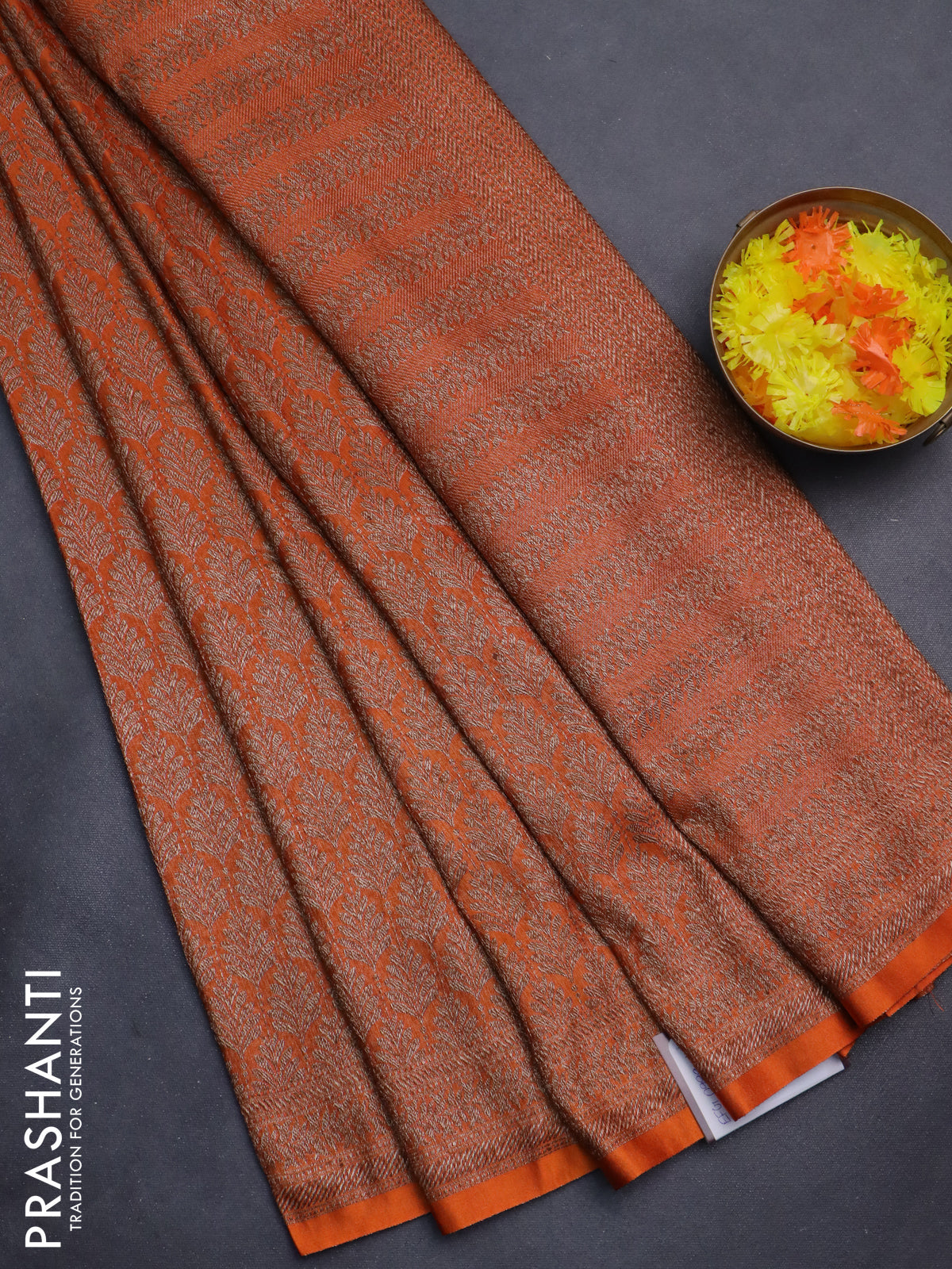Banarasi semi silk saree orange with allover thread & zari weaves and woven border
