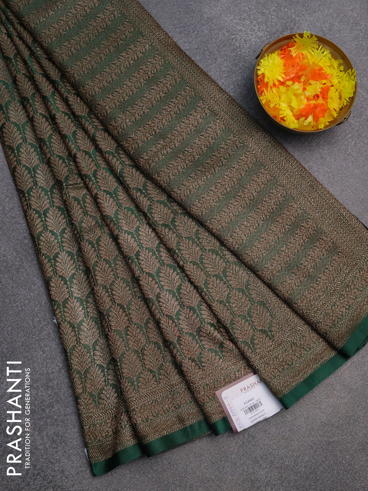 Banarasi semi silk saree bottle green with allover thread & zari weaves and woven border