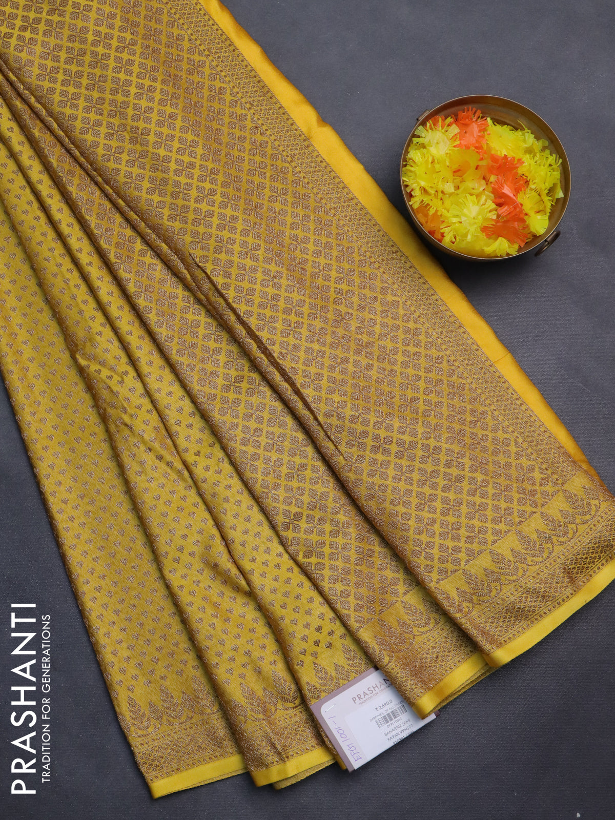 Banarasi semi silk saree yellow with allover thread & zari woven butta weaves and woven border