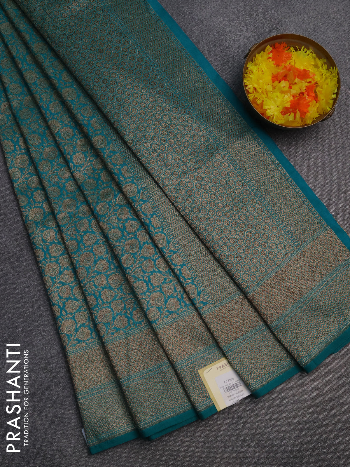 Banarasi semi silk saree teal green with allover thread & zari weaves and woven border