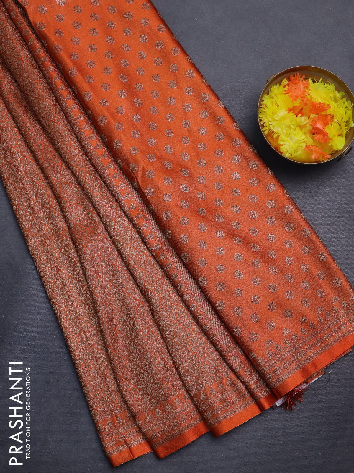 Banarasi semi silk saree orange with allover thread & zari weaves and woven border