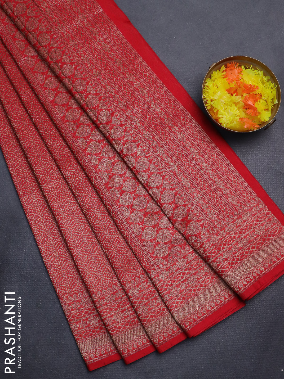 Banarasi semi silk saree red with allover thread & zari weaves and woven border
