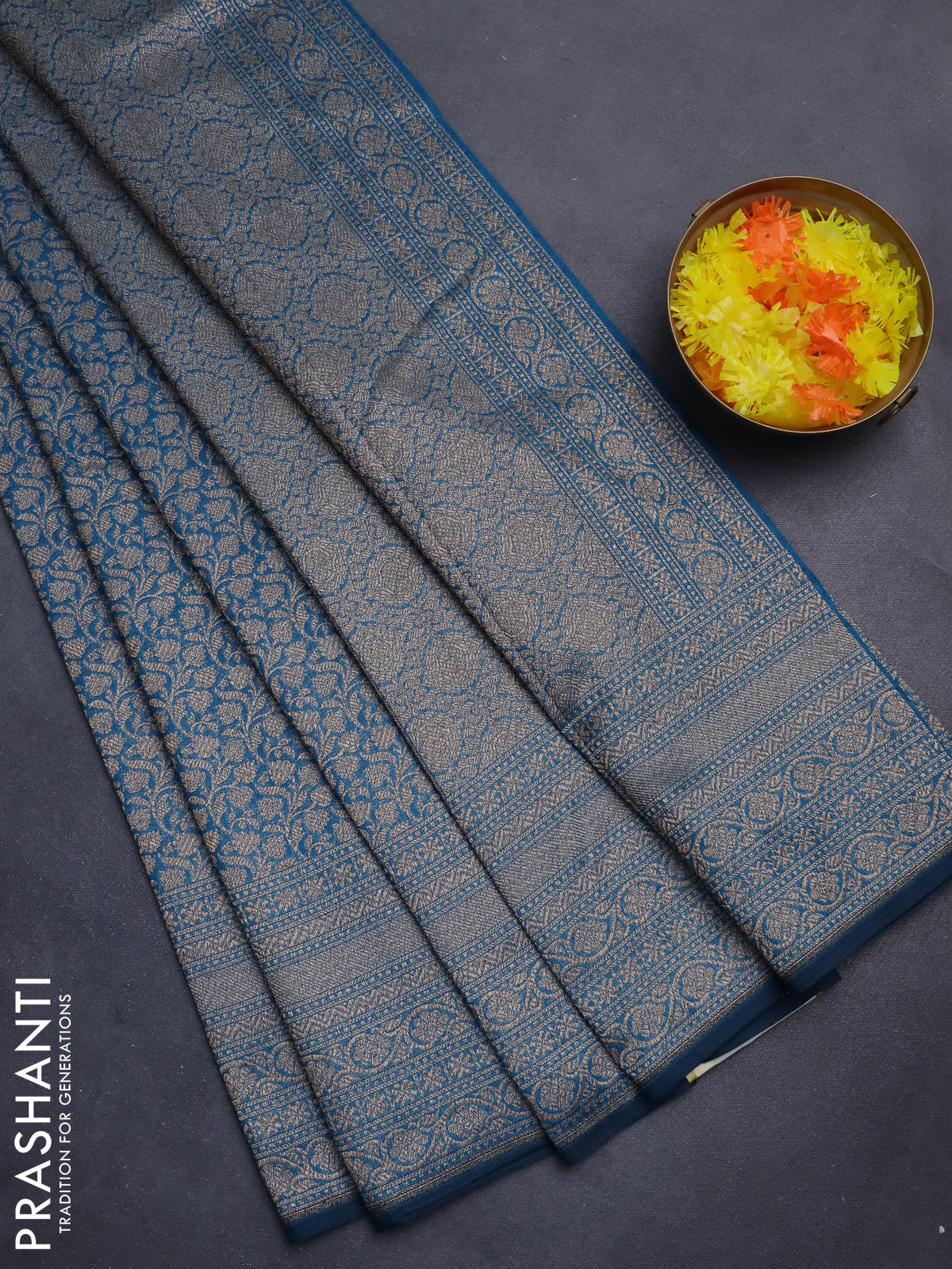 Banarasi semi silk saree cs blue with allover thread & zari weaves and woven border