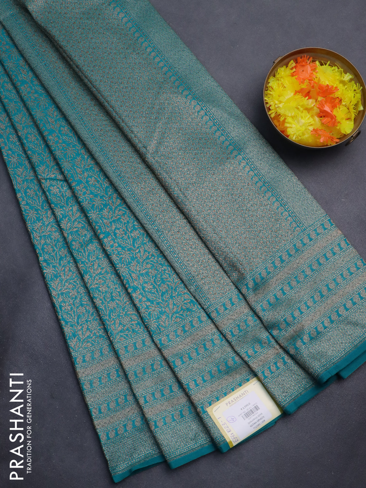Banarasi semi silk saree teal green with allover thread & zari weaves and woven border