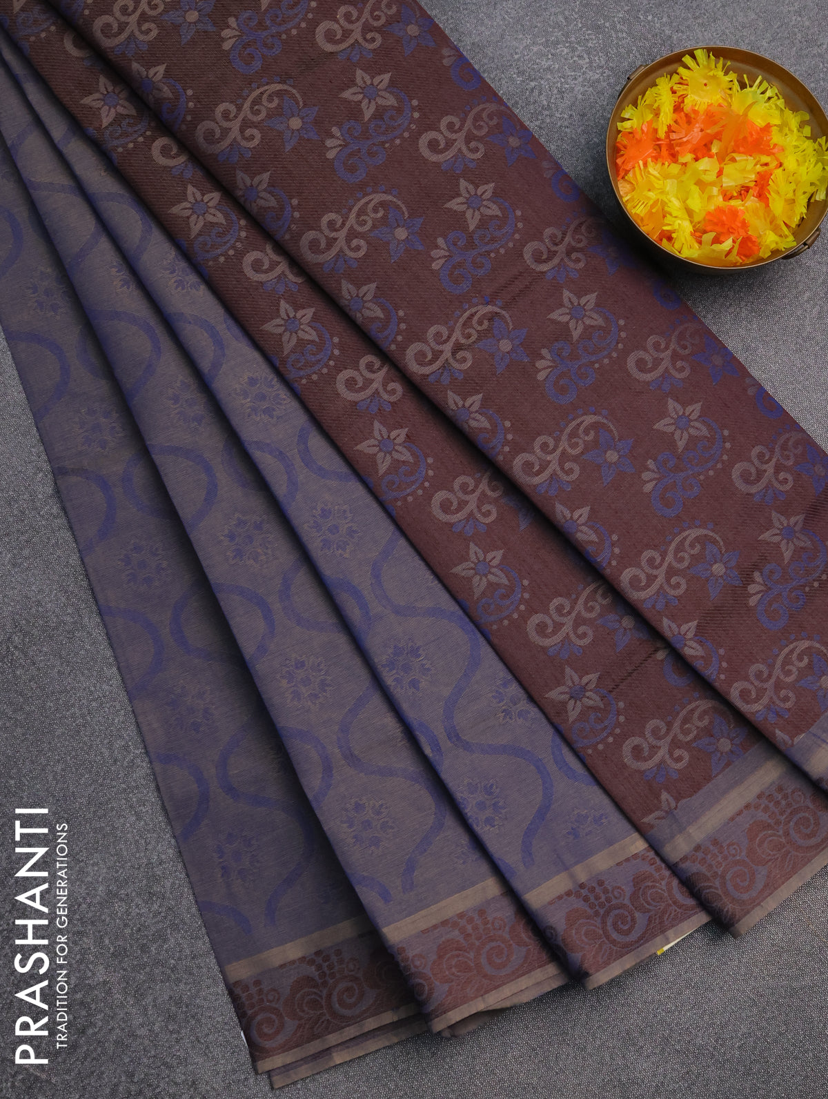 Coimbatore cotton saree dual shade of blue and coffee brown with allover self emboss and thread woven border