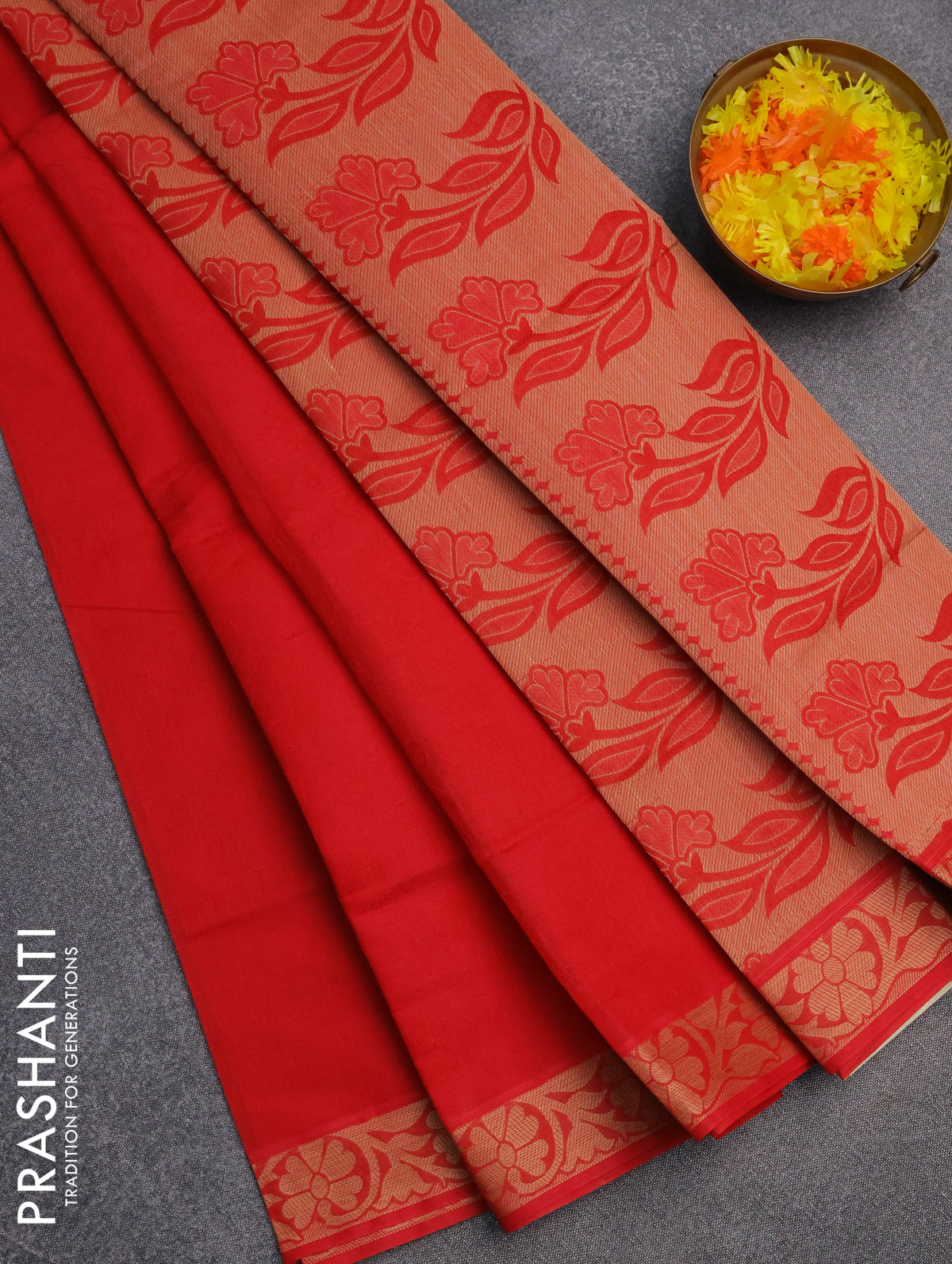 Coimbatore cotton saree orange with allover self emboss and thread woven border