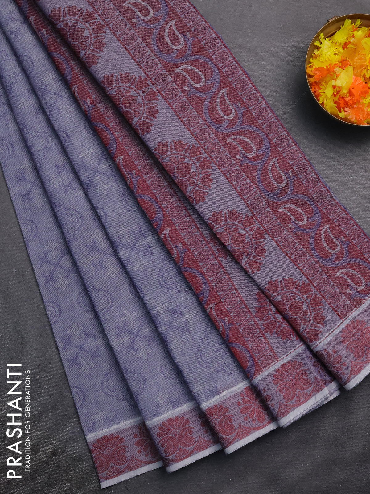 Coimbatore cotton saree greyish blue and maroon with allover self emboss and thread woven border