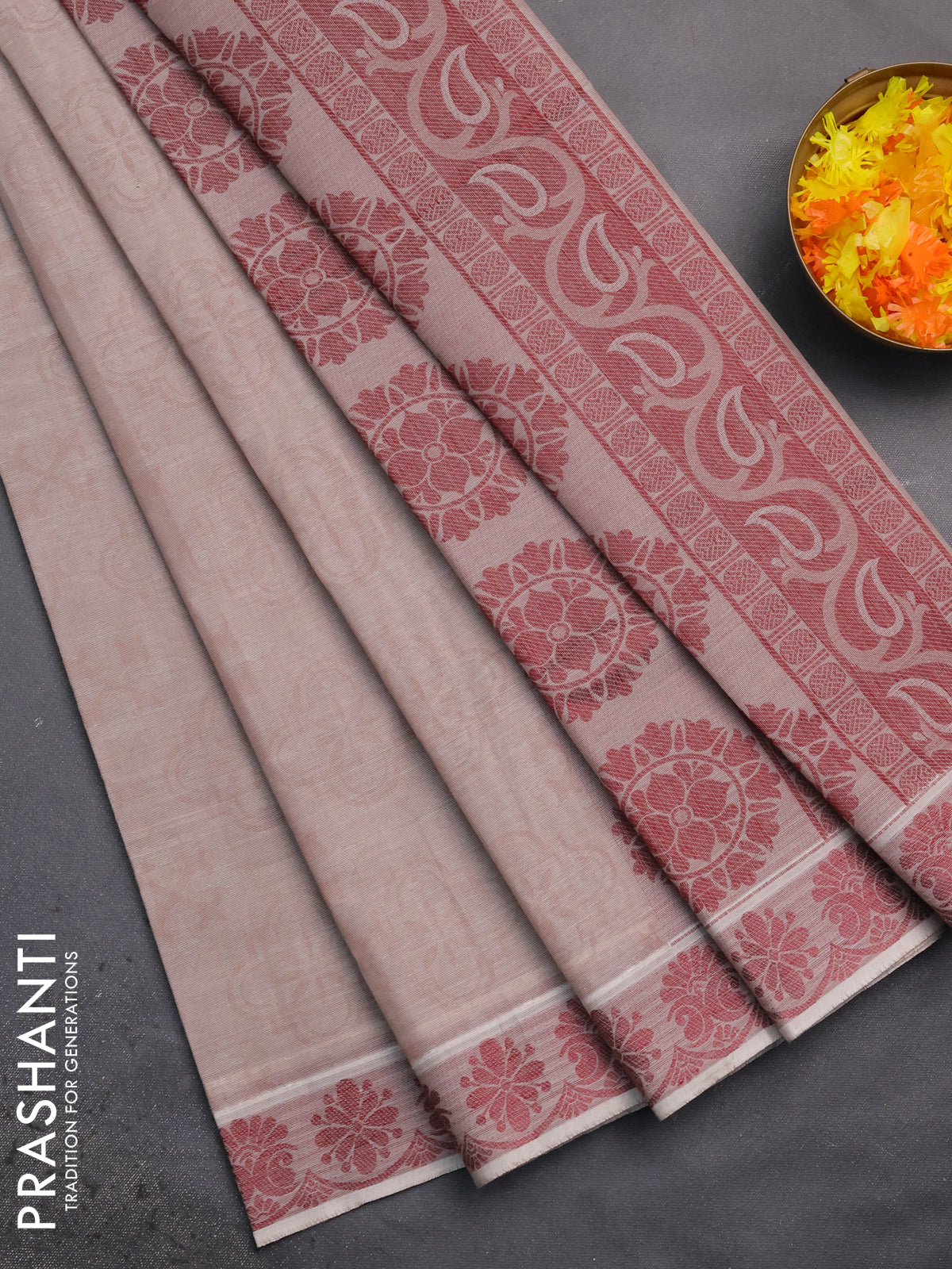 Coimbatore cotton saree beige and maroon with allover self emboss and thread woven border