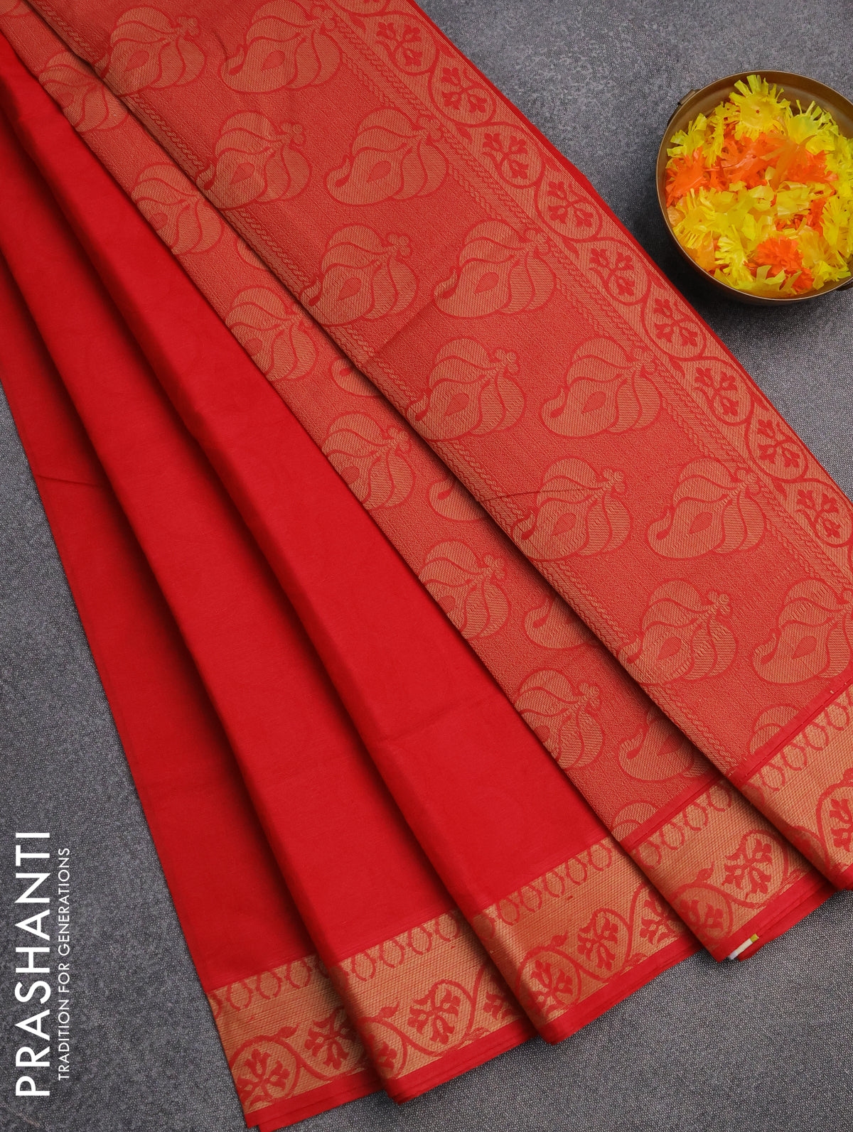 Coimbatore cotton saree red with allover self emboss and thread woven border