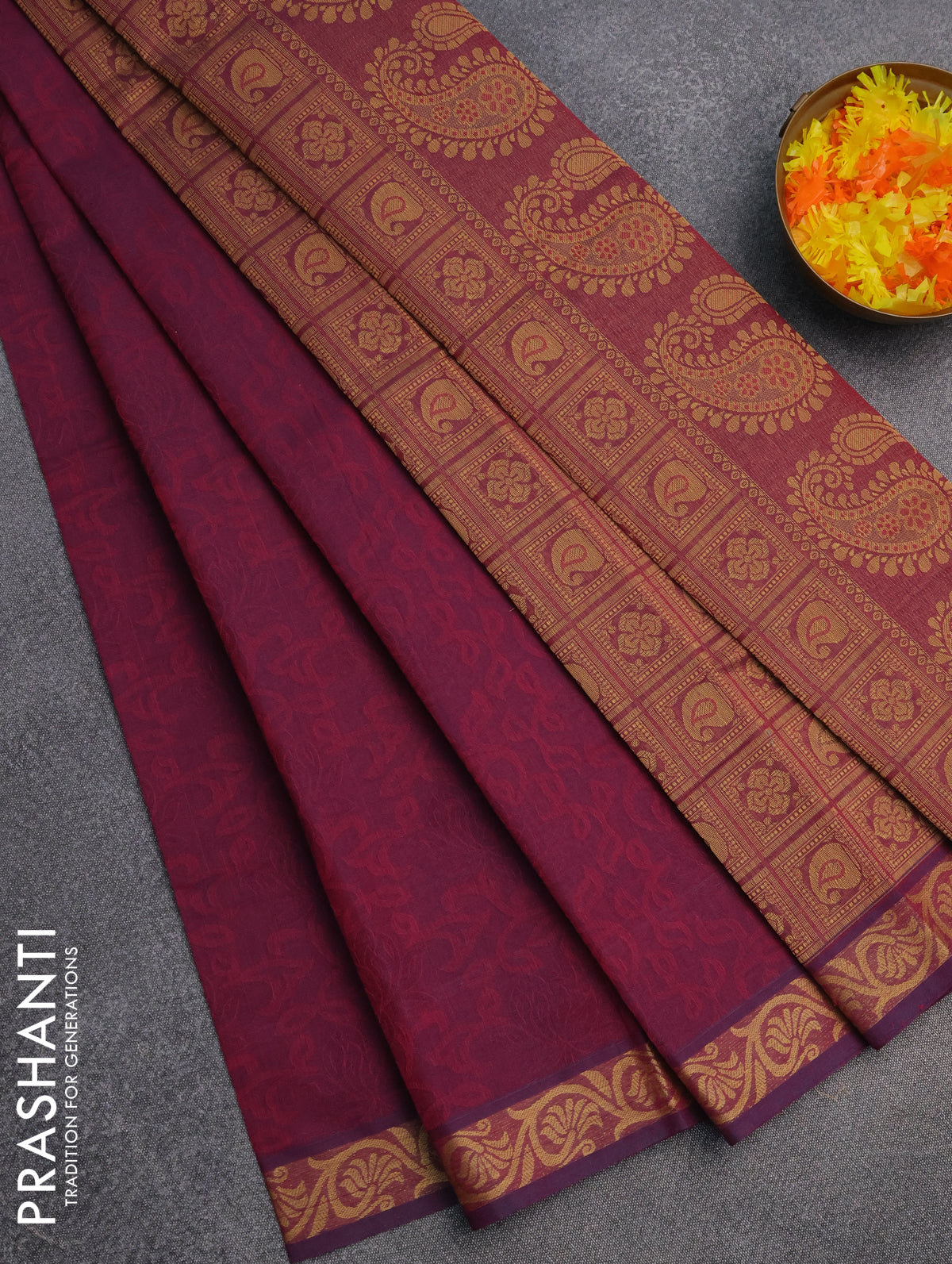 Coimbatore cotton saree dark magenta pink and sandal with allover self emboss and thread woven border
